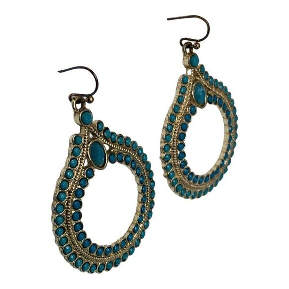 Vintage Faux Turquoise Gold Tone Pierced Dangle Hoop Hook Fashion Earrings - Picture 3 of 7
